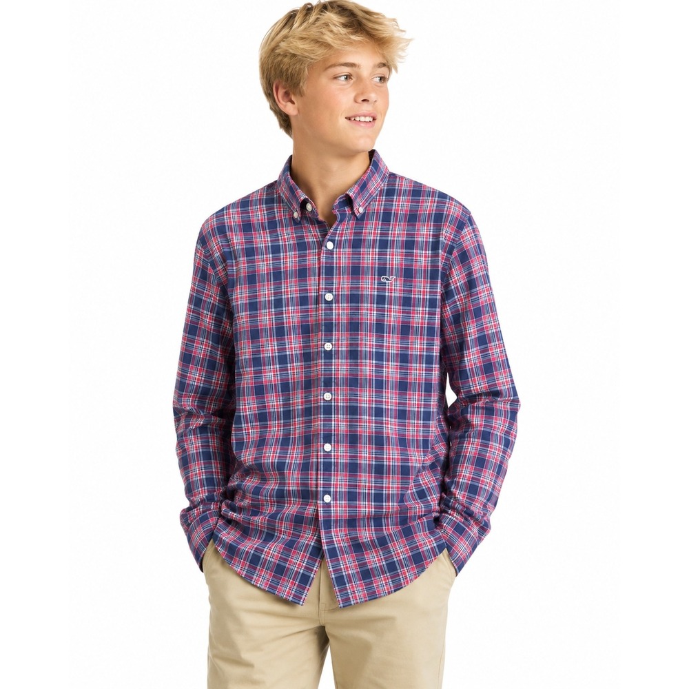 Vineyard Vines Shirt Boys XL 18 Red Blue Plaid Whale Button Down Long Sleeve